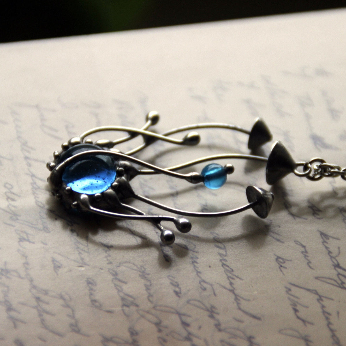 Blue Glass Mushroom Cluster Pendant – Silver Tone
