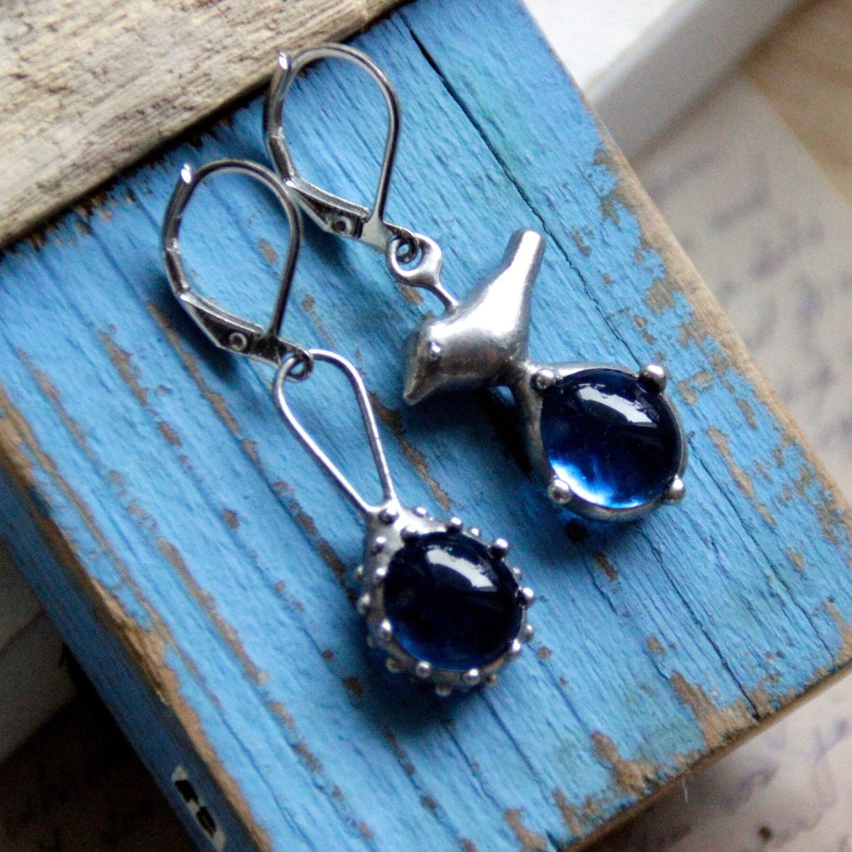 Blue Glass Bird Mismatched Earrings – Silver Tone