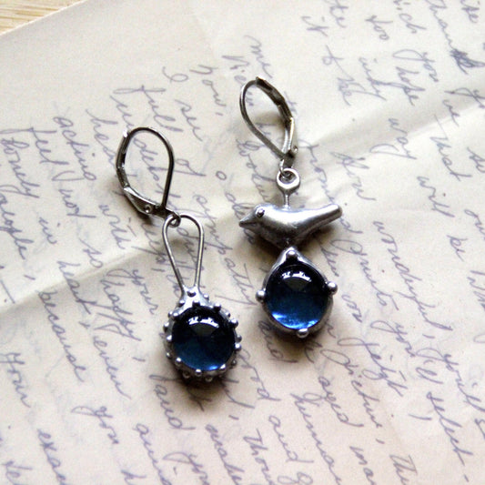 Blue Glass Bird Mismatched Earrings – Silver Tone