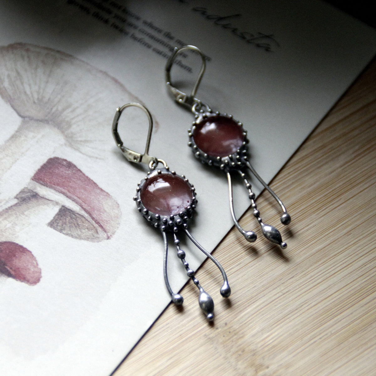Oval Watermelon Quartz Jellyfish Earrings – Silver Tone