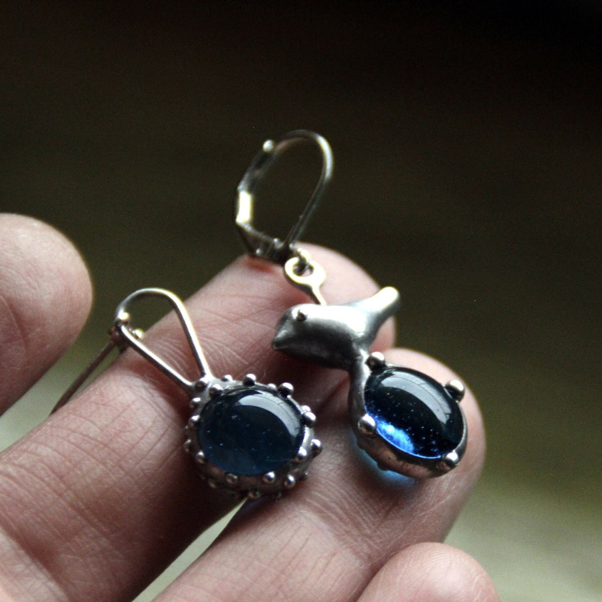 Blue Glass Bird Mismatched Earrings – Silver Tone