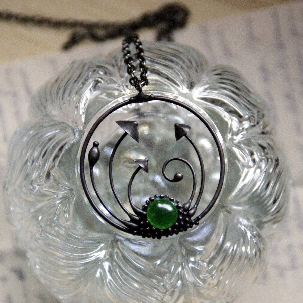 Green Stained Glass Mushroom Circle Necklace – Blackened Copper