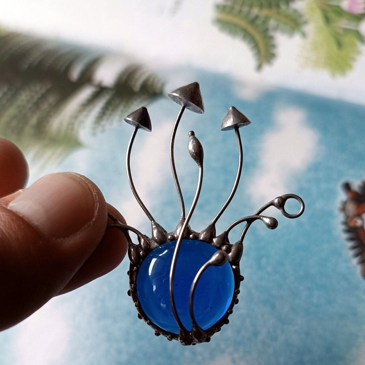 Blue Glass Mushroom Necklace – Silver Tone Copper & Pewter Forest Pendant – Botanical