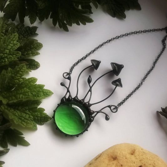 Green Glass Mushroom Fan-Shaped Necklace – Blackened Copper