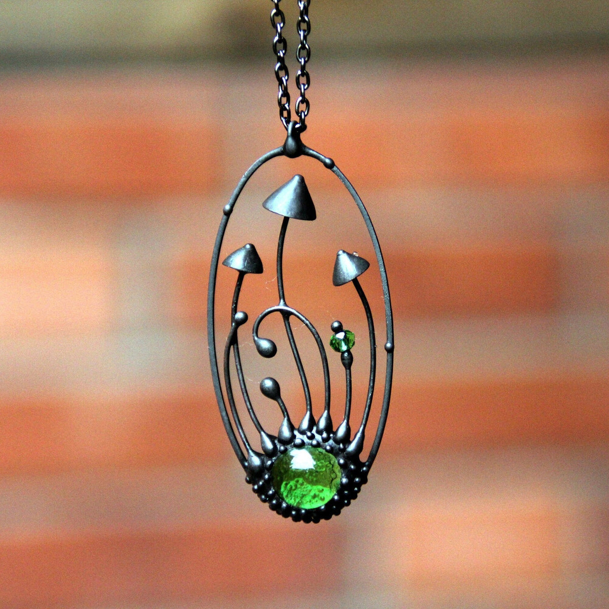 Green Glass Mushroom Necklace – Blackened Copper Oval Forest Pendant – Botanical