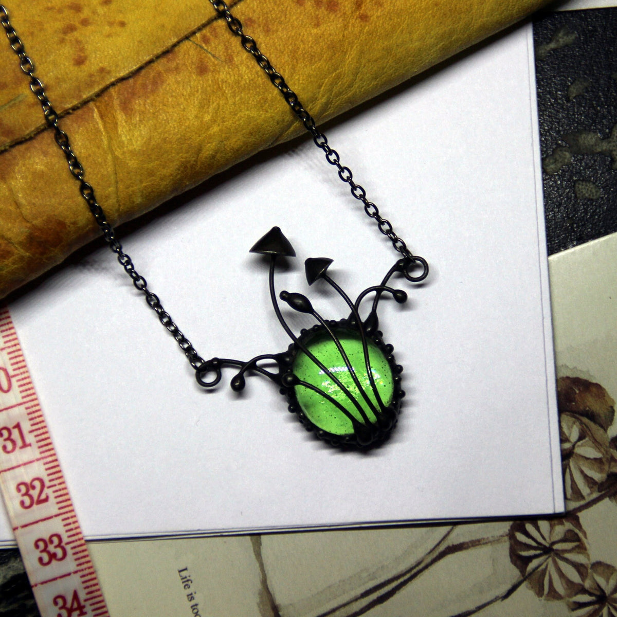 Green Glass Mushroom Necklace – Blackened Copper & Pewter Fairycore Pendant – Forest