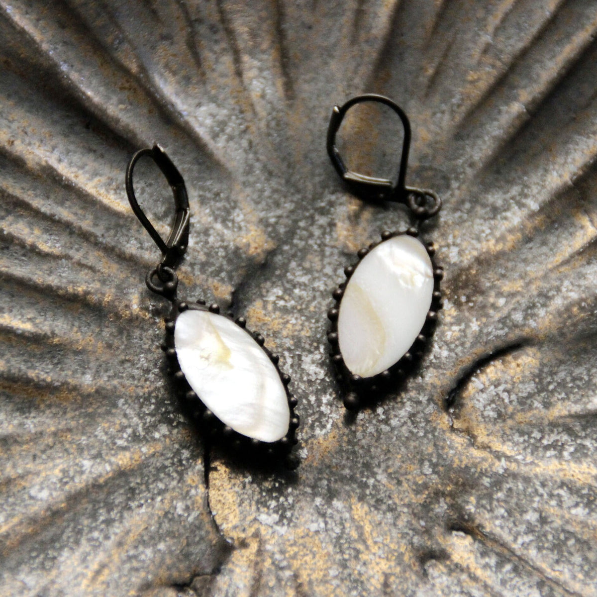 Mother of Pearl Oval Earrings – Blackened Copper