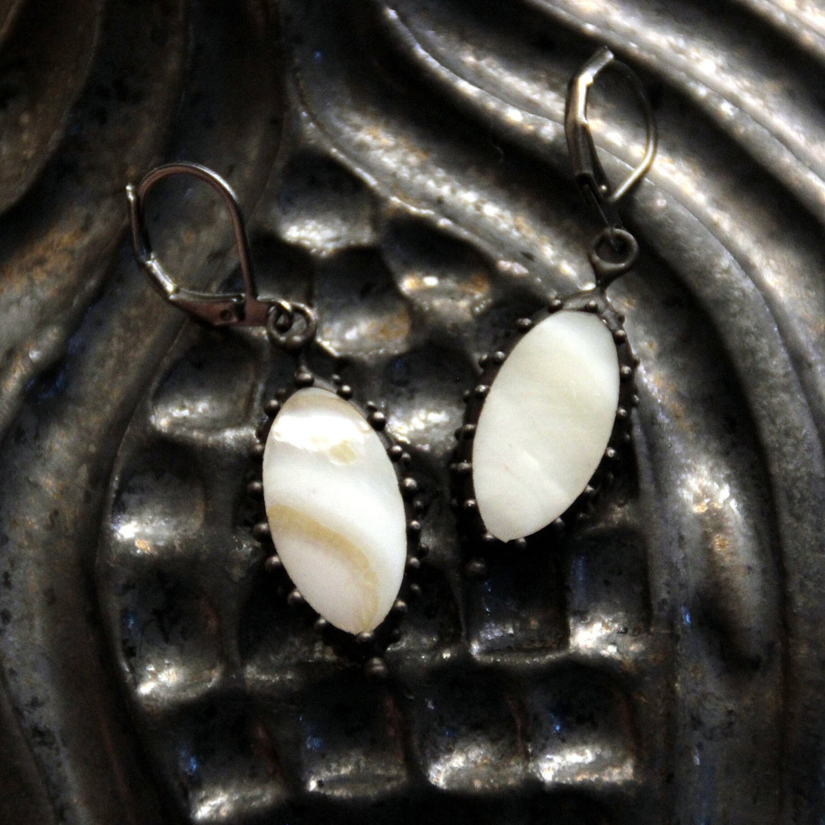 Mother of Pearl Oval Earrings – Blackened Copper