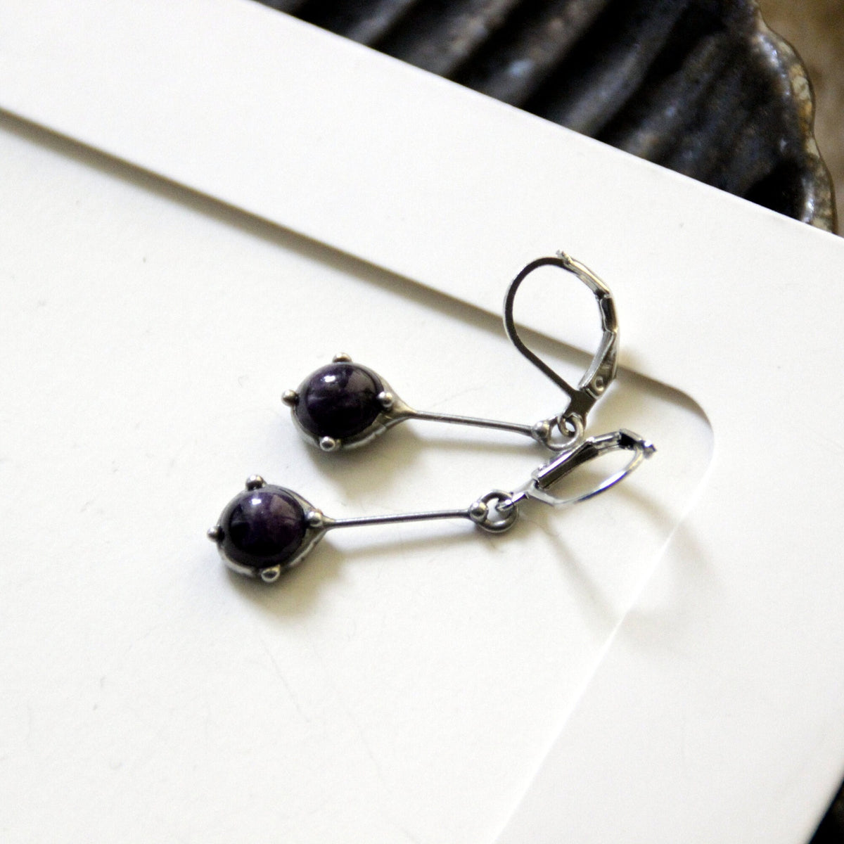 Amethyst Drop Earrings – Silver Tone