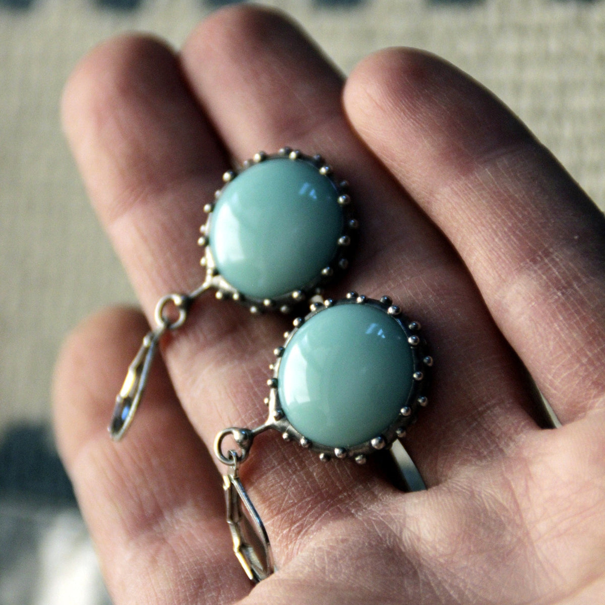 Turquoise Stained Glass Drop Earrings – Silver Tone
