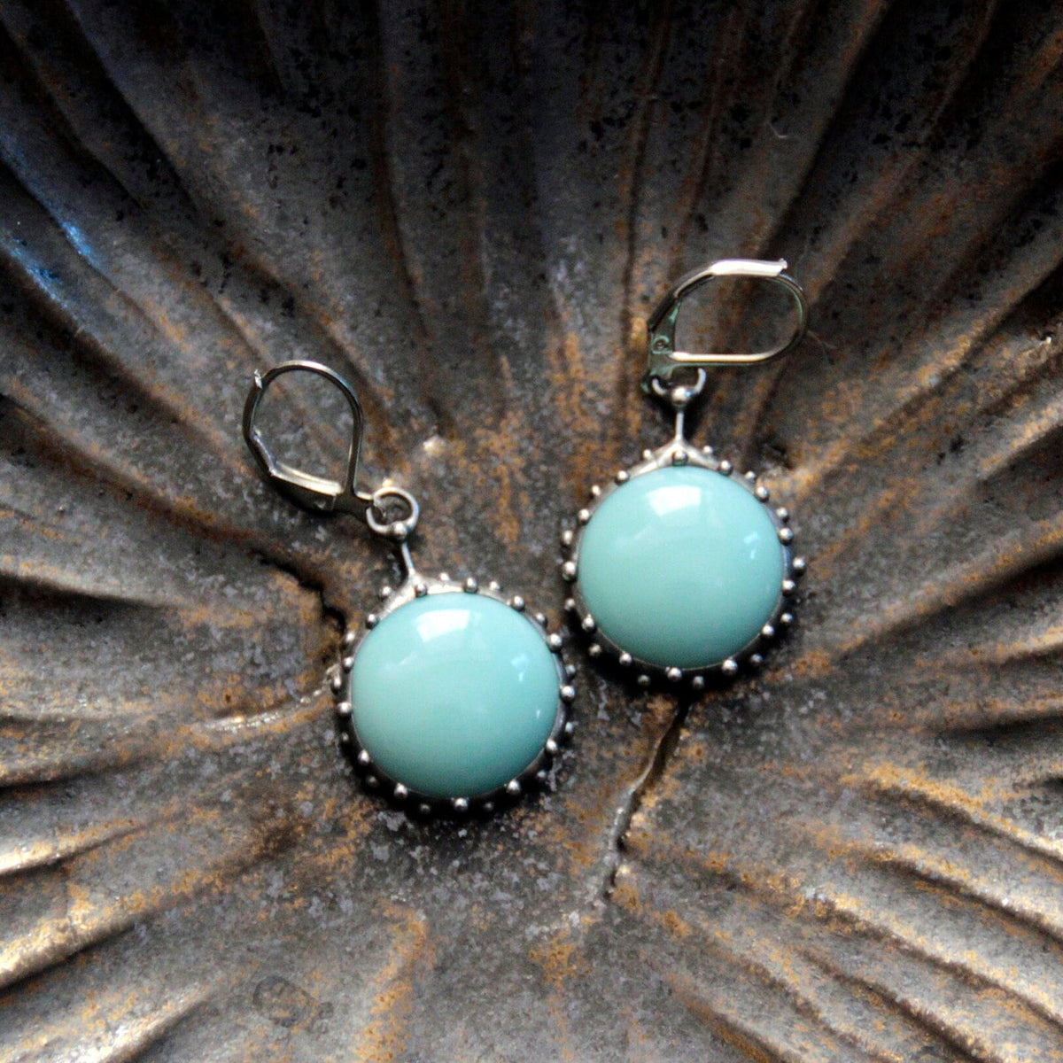 Turquoise Stained Glass Drop Earrings – Silver Tone