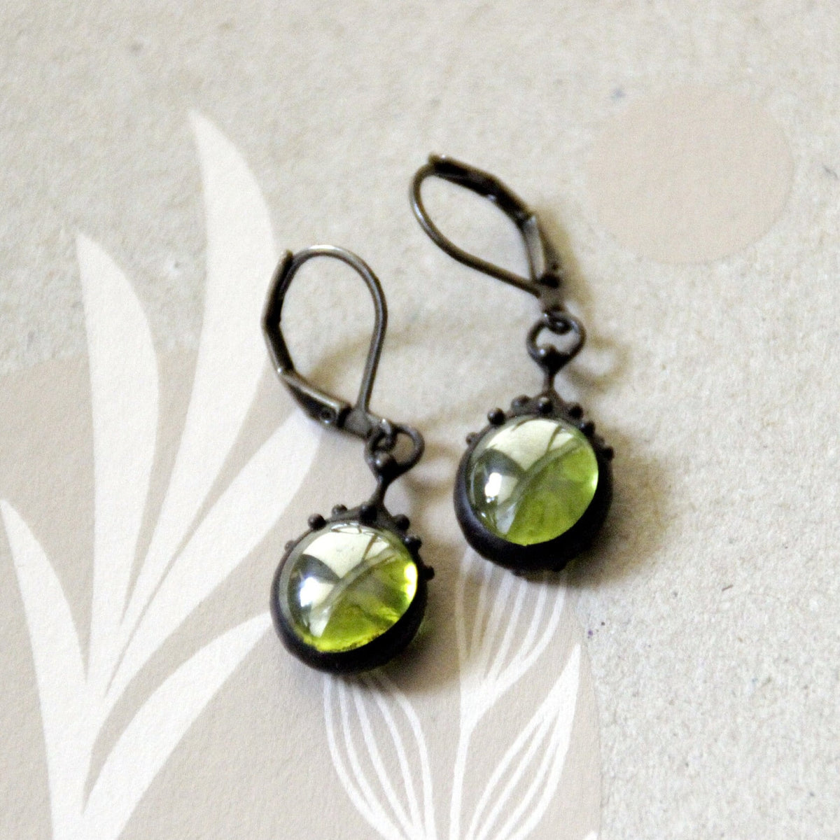 Green Stained Glass Drop Earrings – Blackened Copper