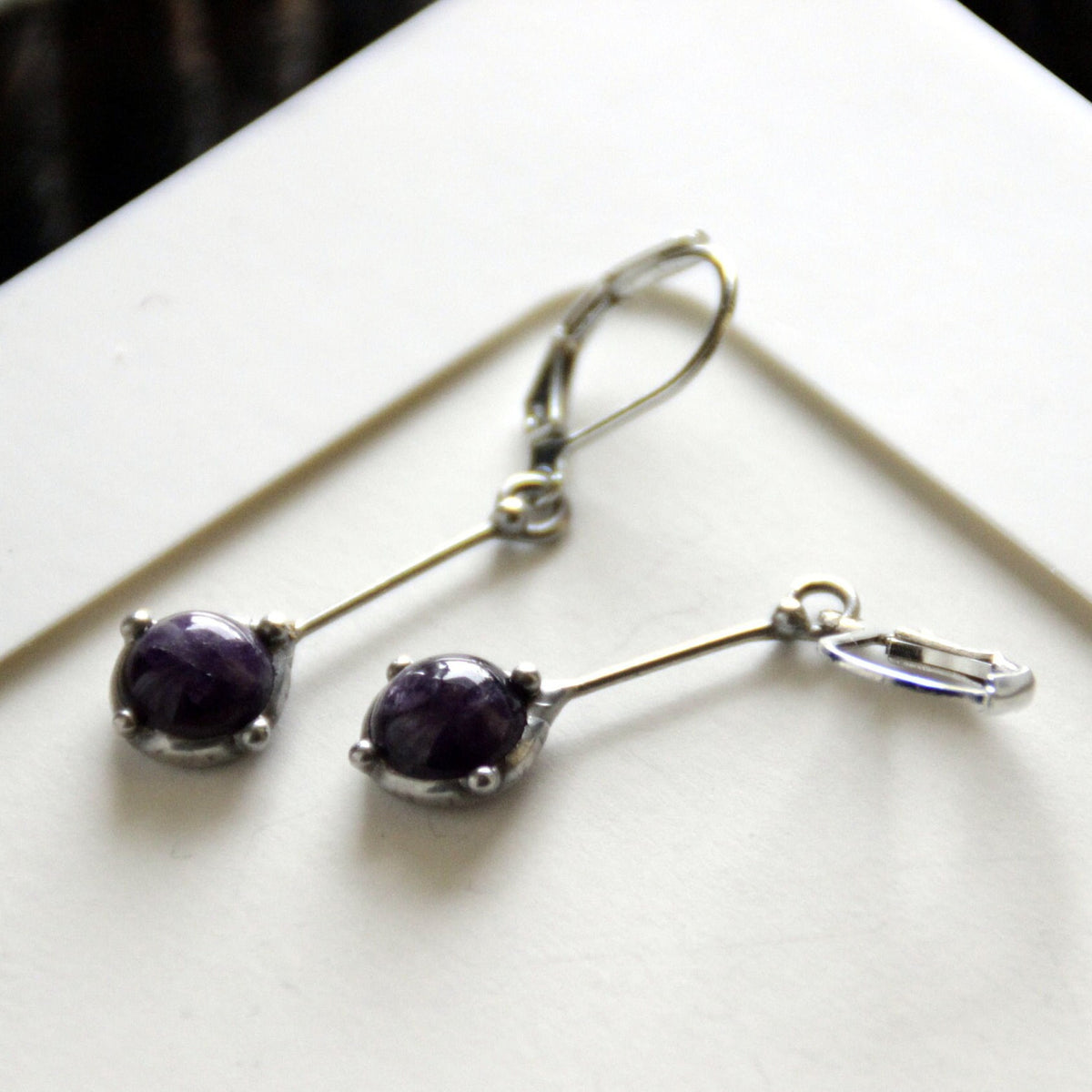 Amethyst Drop Earrings – Silver Tone