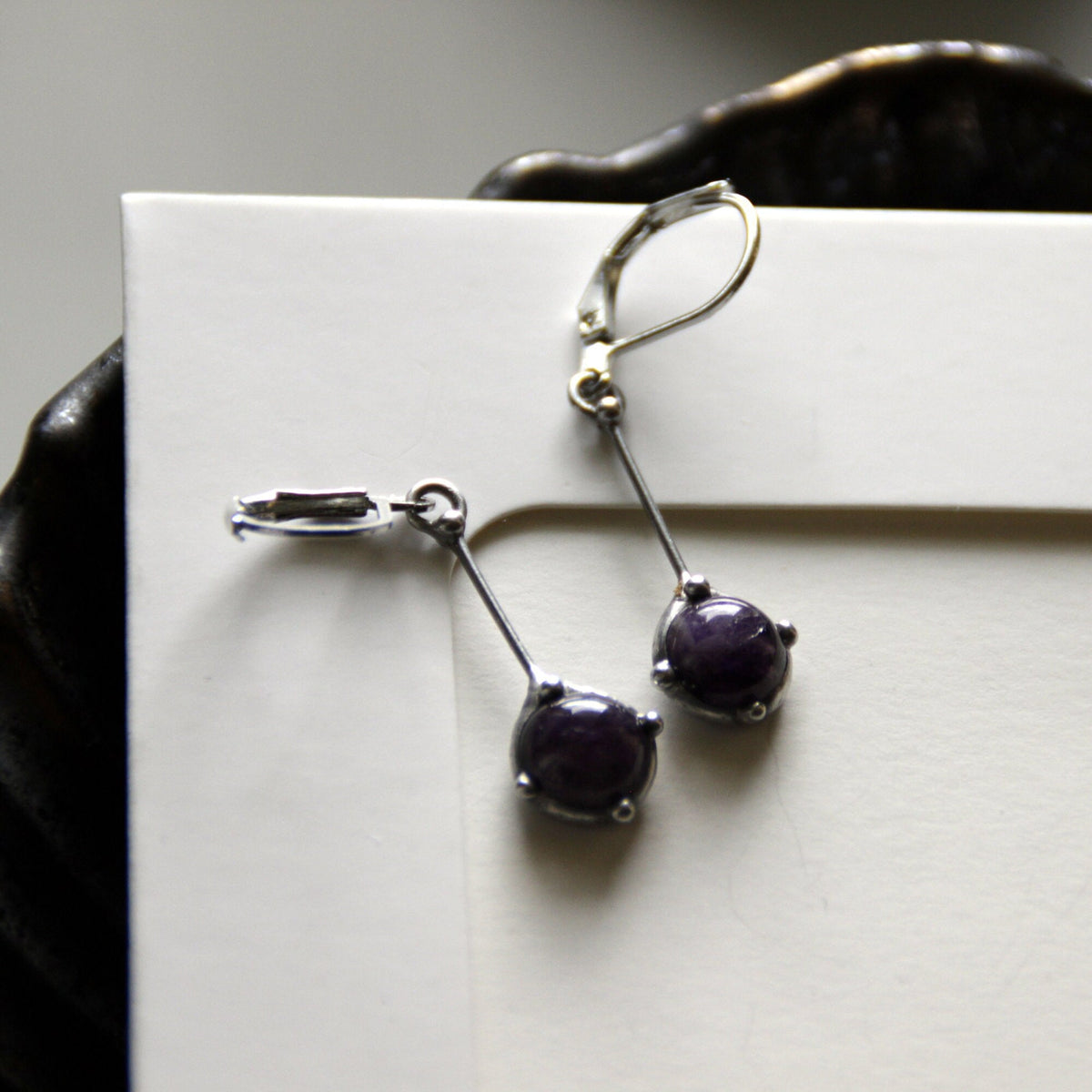 Amethyst Drop Earrings – Silver Tone