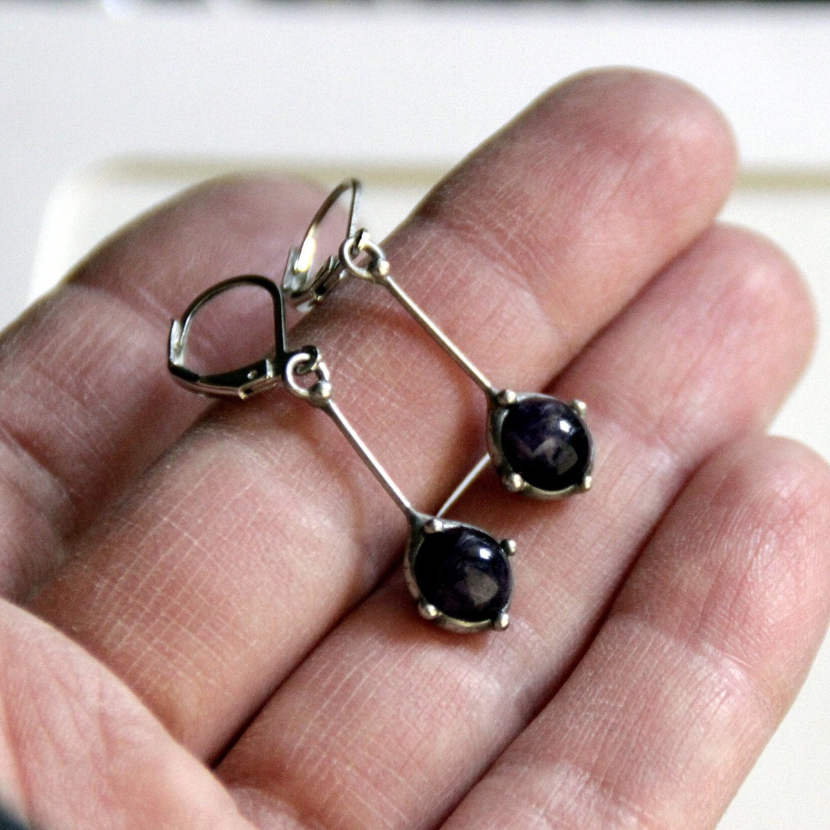 Amethyst Drop Earrings – Silver Tone