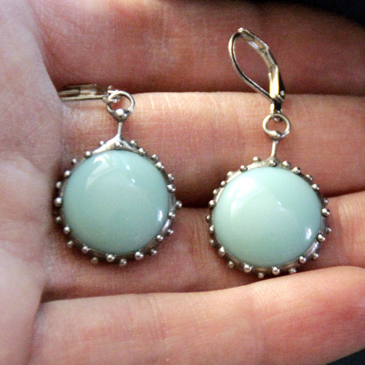 Turquoise Stained Glass Drop Earrings – Silver Tone