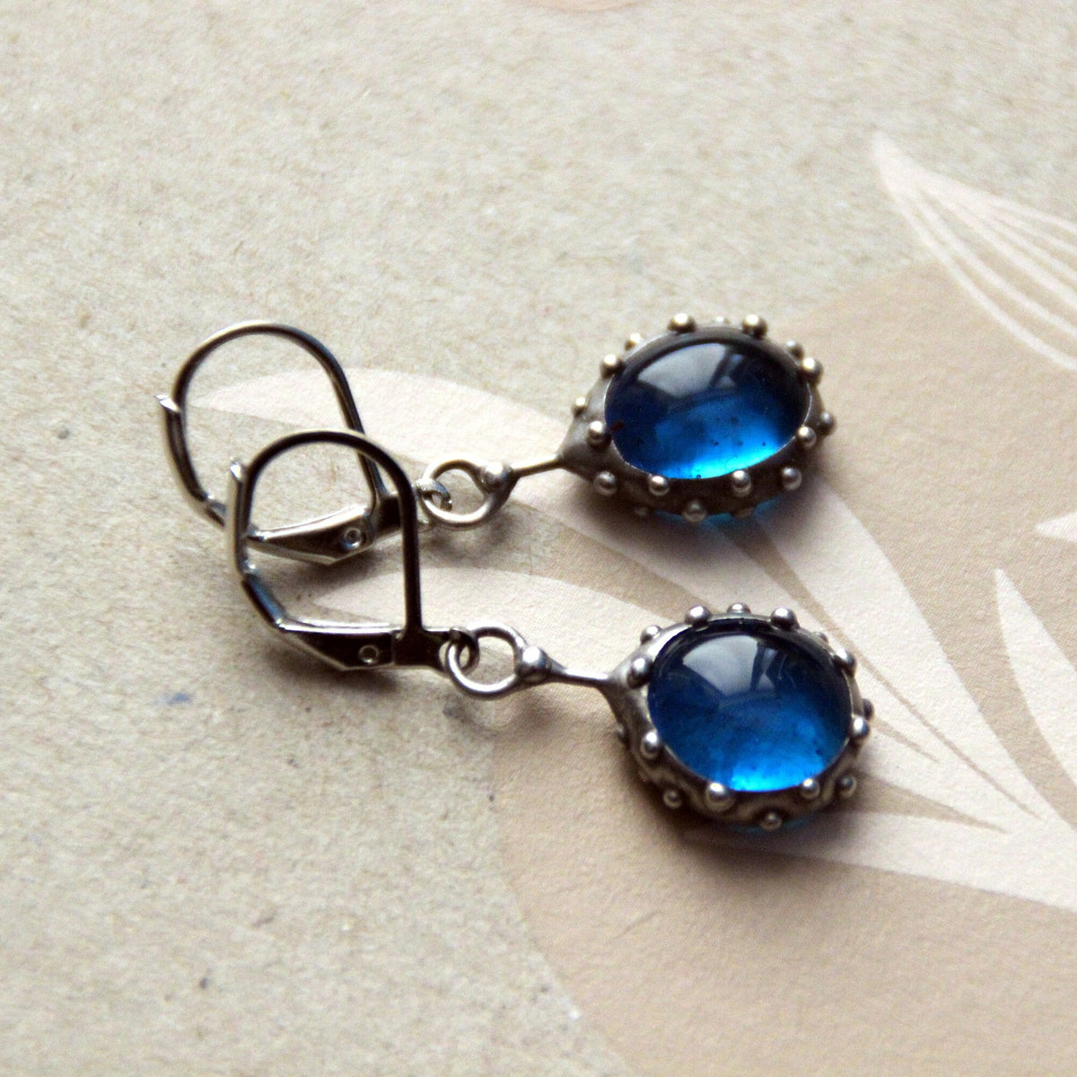 Domed Blue Stained Glass Drop Earrings – Silver Tone