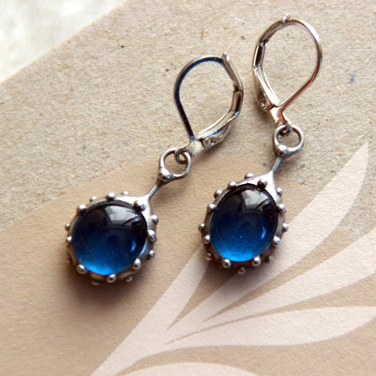Domed Blue Stained Glass Drop Earrings – Silver Tone