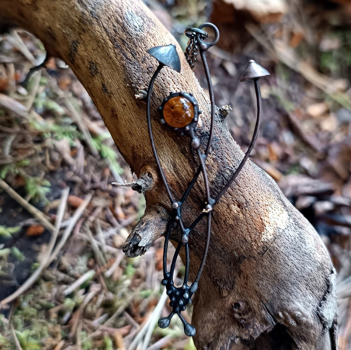 Brown Glass Mushroom Necklace – Blackened Copper