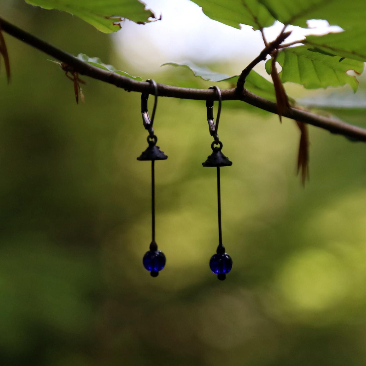 Blue Glass Amanita Mushroom Earrings – Blackened Copper