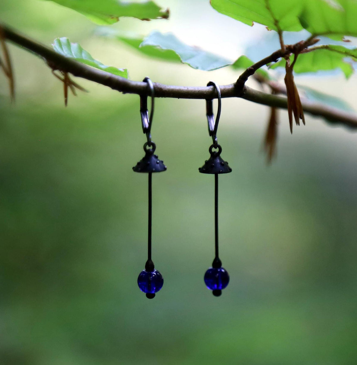 Blue Glass Amanita Mushroom Earrings – Blackened Copper