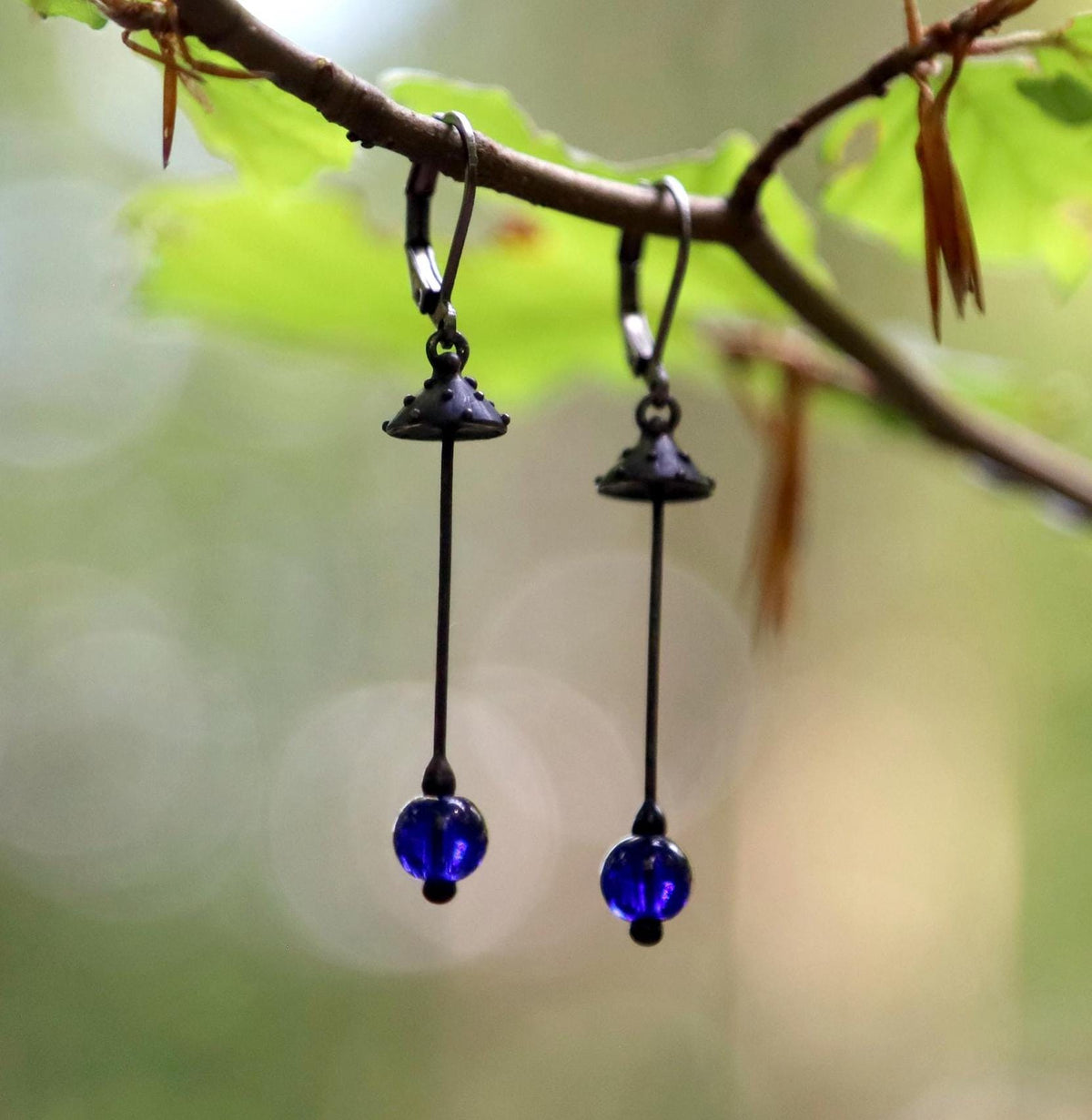 Blue Glass Amanita Mushroom Earrings – Blackened Copper