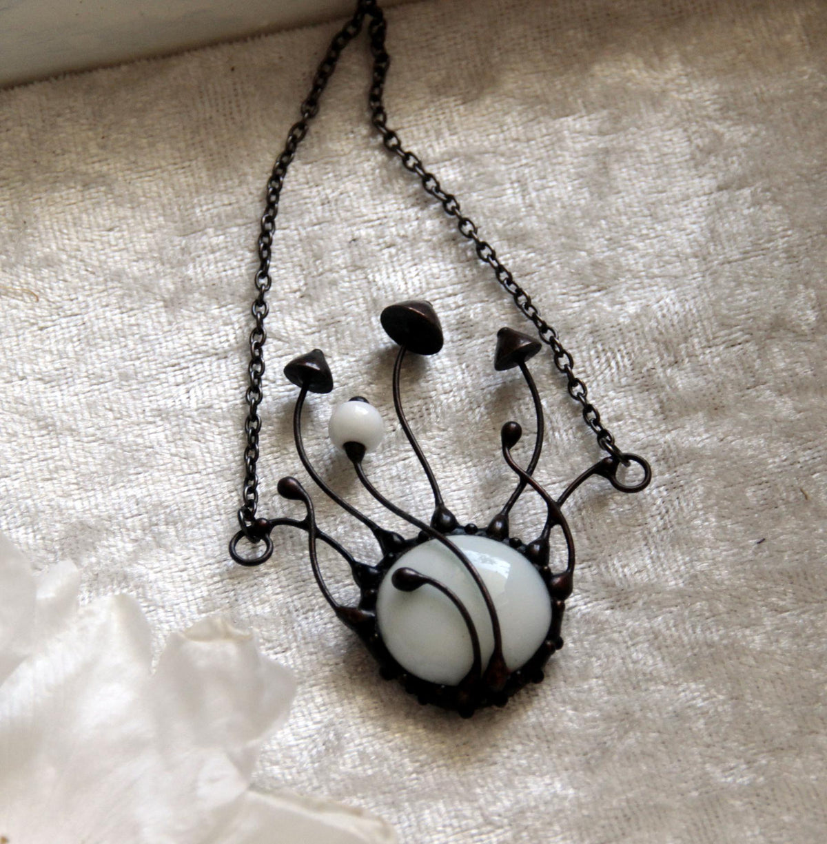White Glass Mushroom Cluster Necklace – Blackened Copper