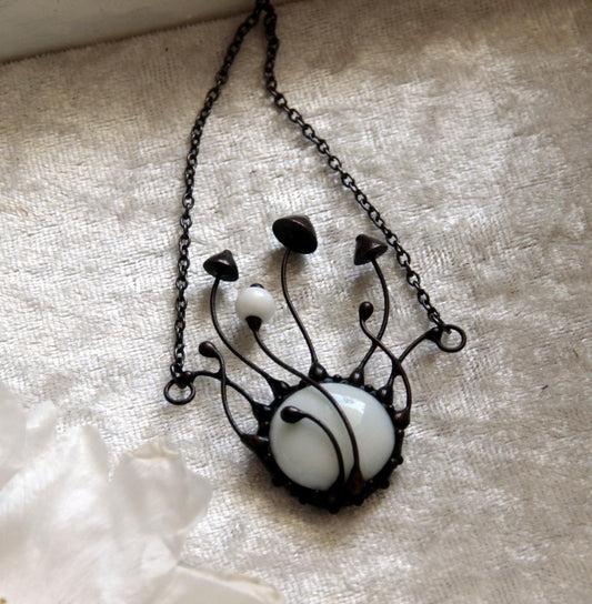 White Glass Mushroom Cluster Necklace – Blackened Copper