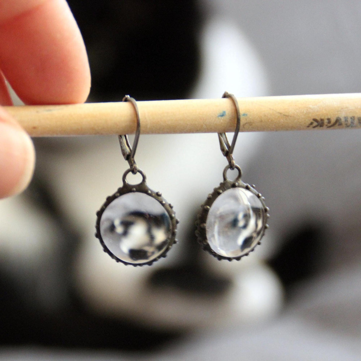 Clear Stained Glass Round Earrings – Blackened Copper