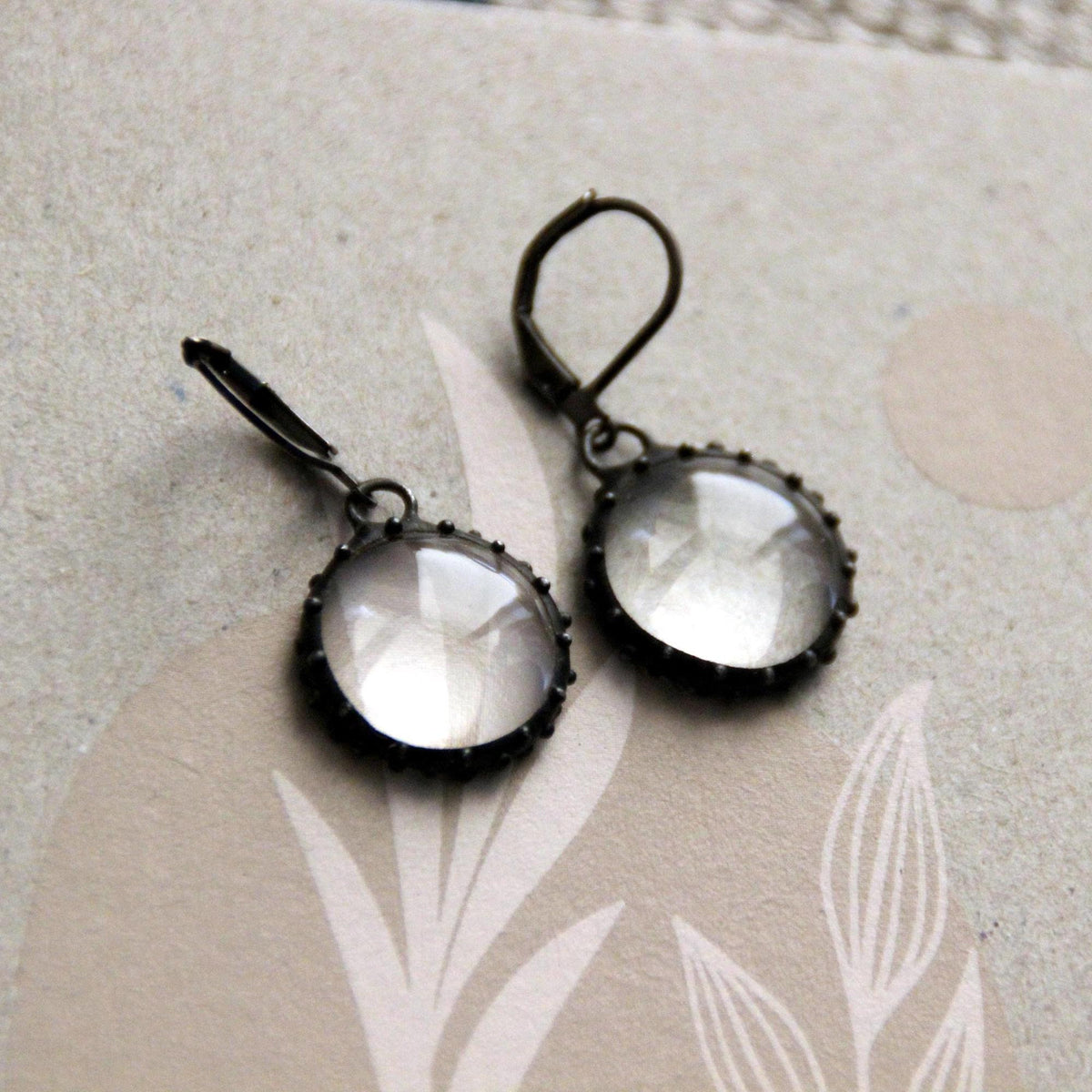Clear Stained Glass Round Earrings – Blackened Copper