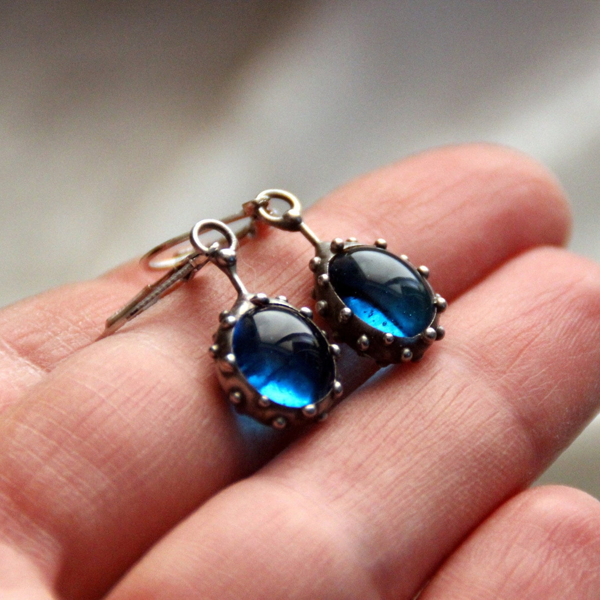 Domed Blue Stained Glass Drop Earrings – Silver Tone