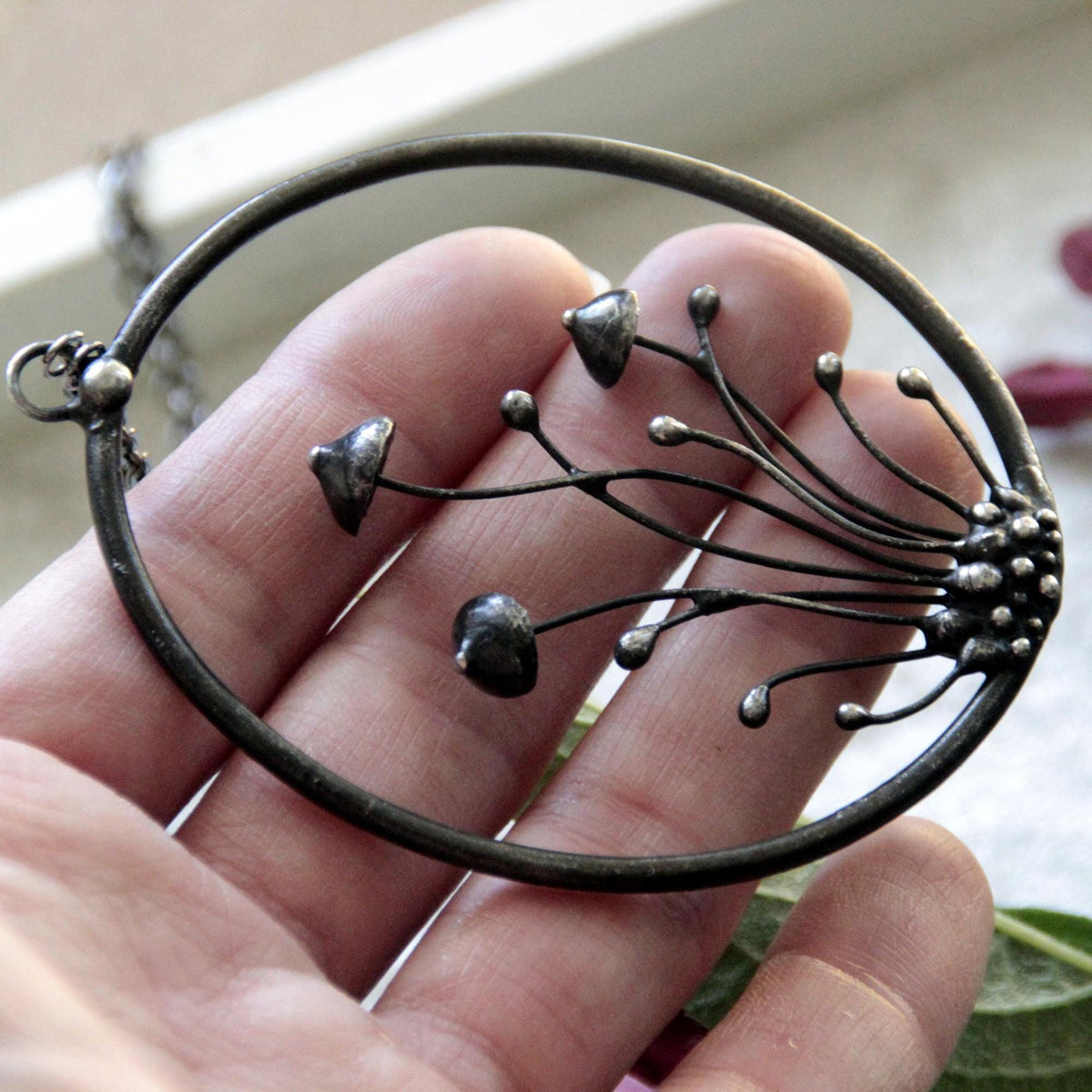 Three Mushroom Statement Necklace – Blackened Copper