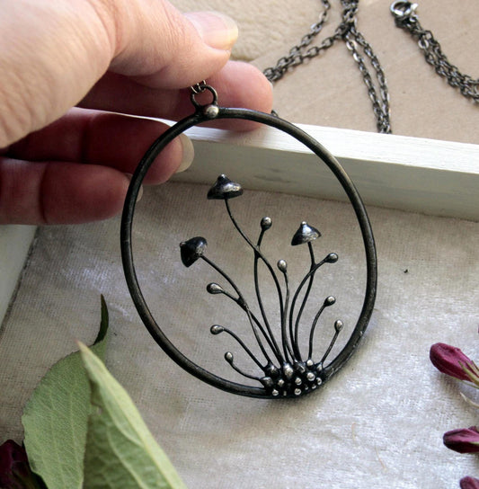 Three Mushroom Statement Necklace – Blackened Copper