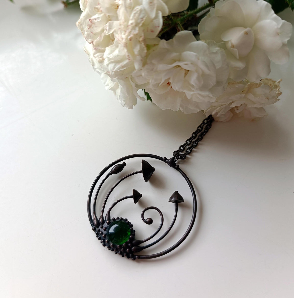 Green Glass Mushroom Circle Necklace – Blackened Copper
