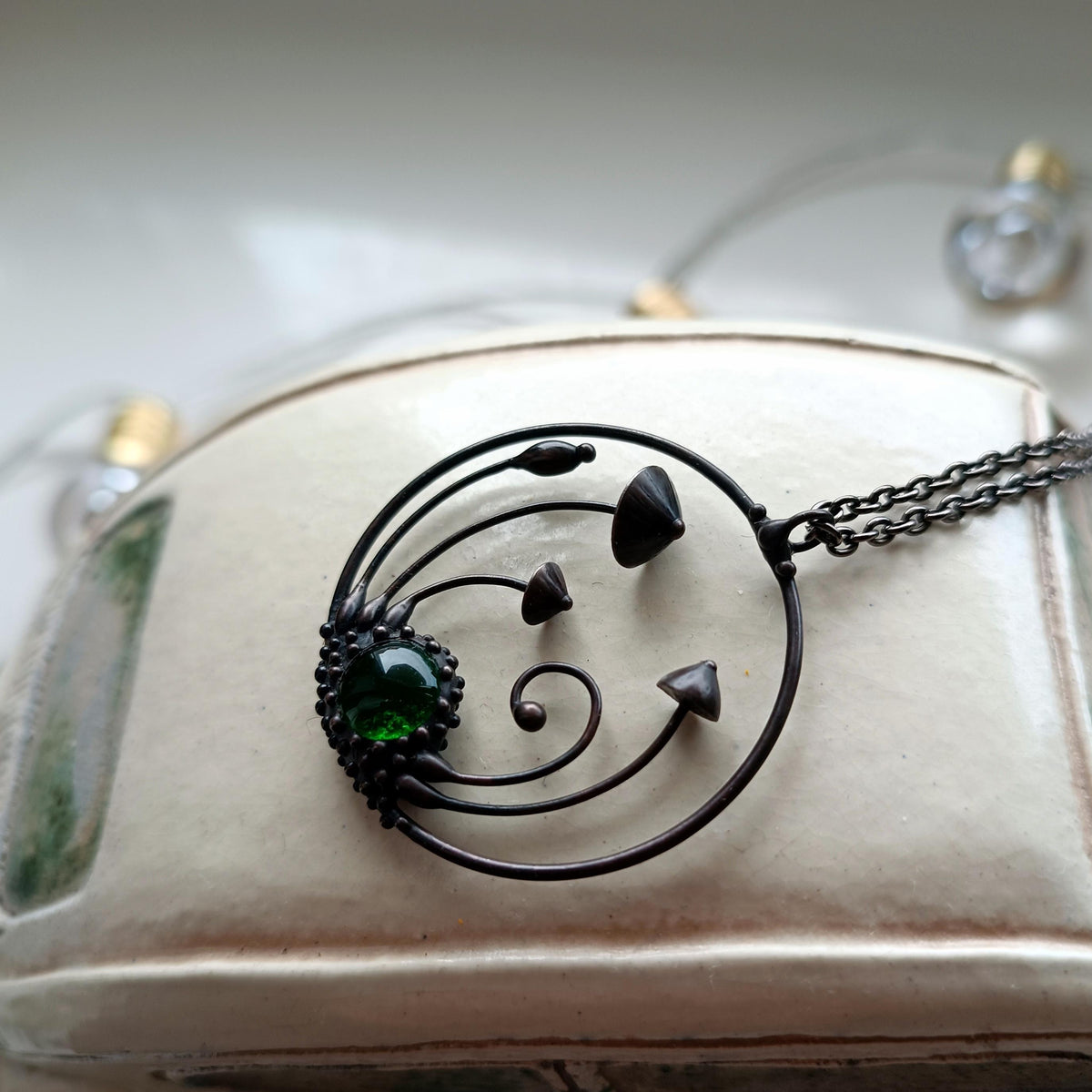 Green Glass Mushroom Circle Necklace – Blackened Copper