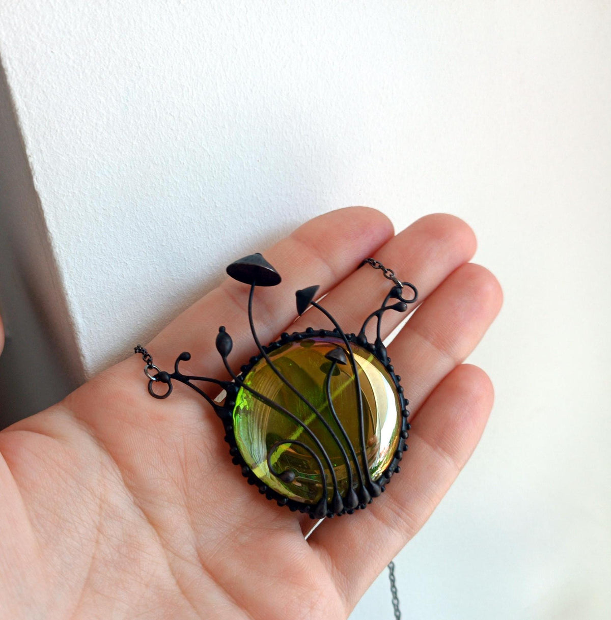 Green Stained Glass Mushroom Statement Necklace – Blackened Copper