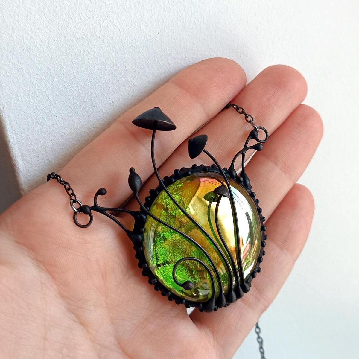Green Stained Glass Mushroom Statement Necklace – Blackened Copper