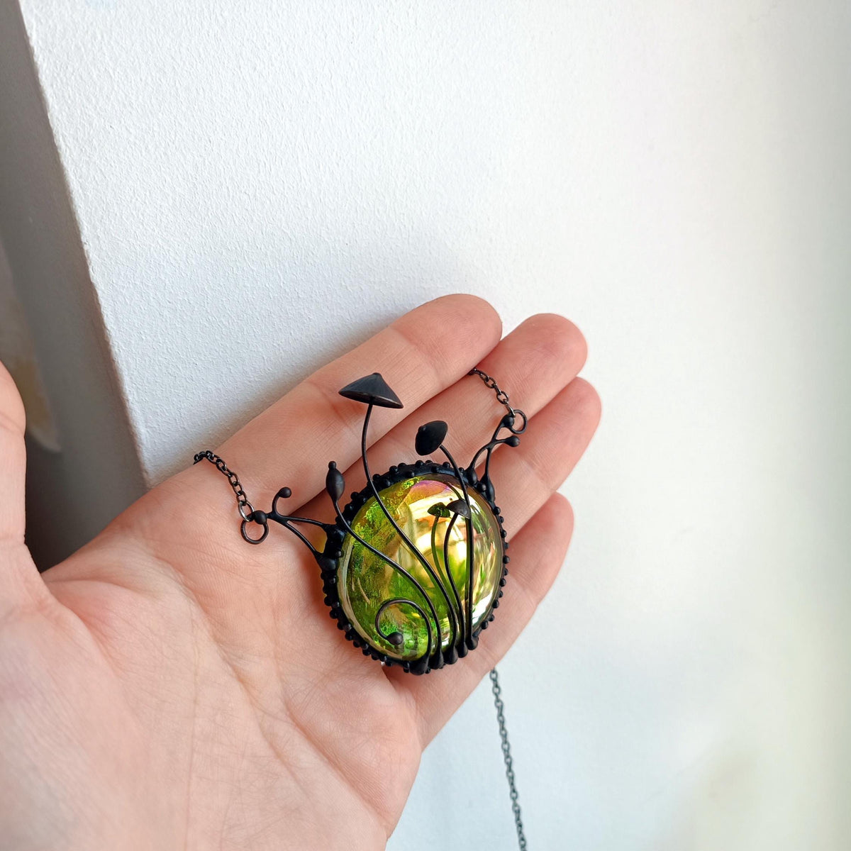 Green Stained Glass Mushroom Statement Necklace – Blackened Copper