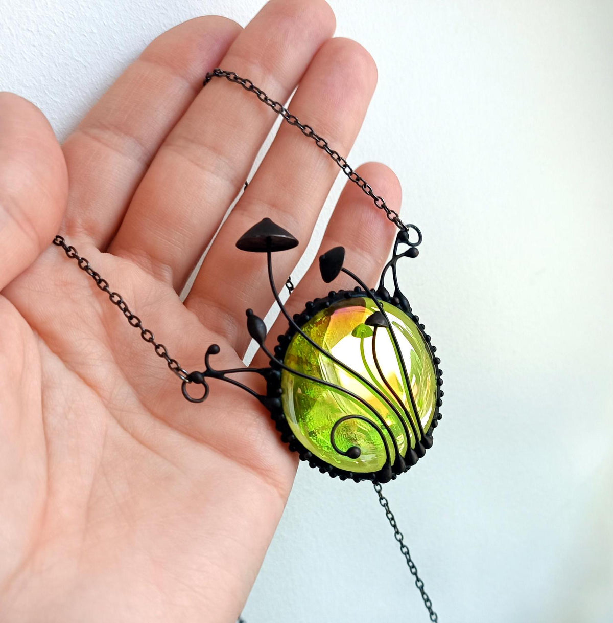 Green Stained Glass Mushroom Statement Necklace – Blackened Copper