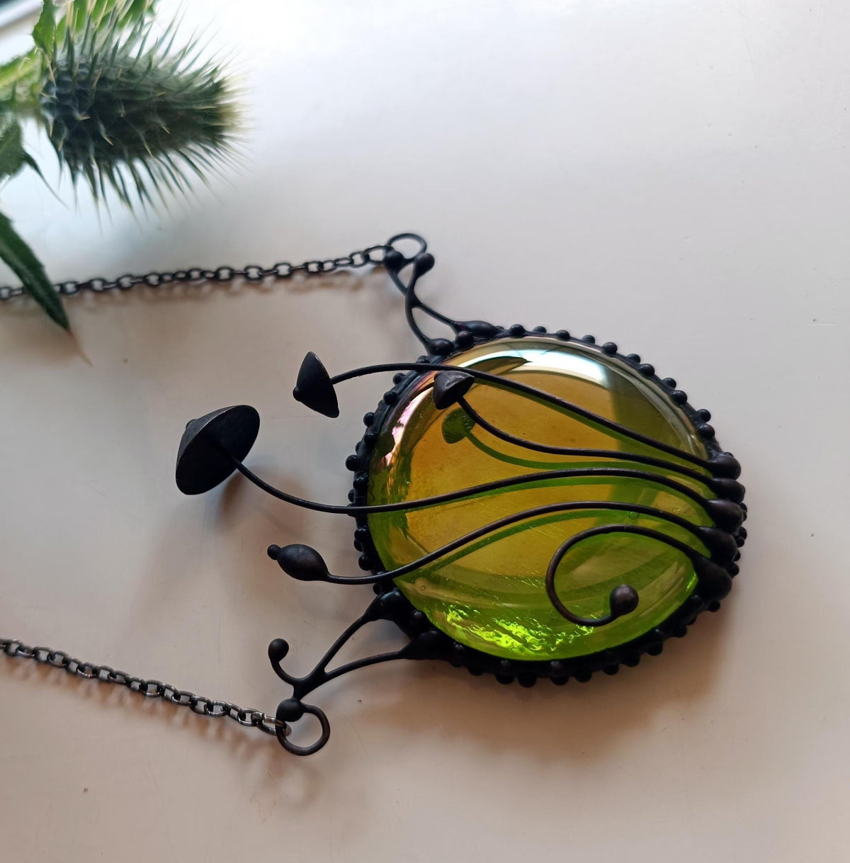 Green Stained Glass Mushroom Statement Necklace – Blackened Copper