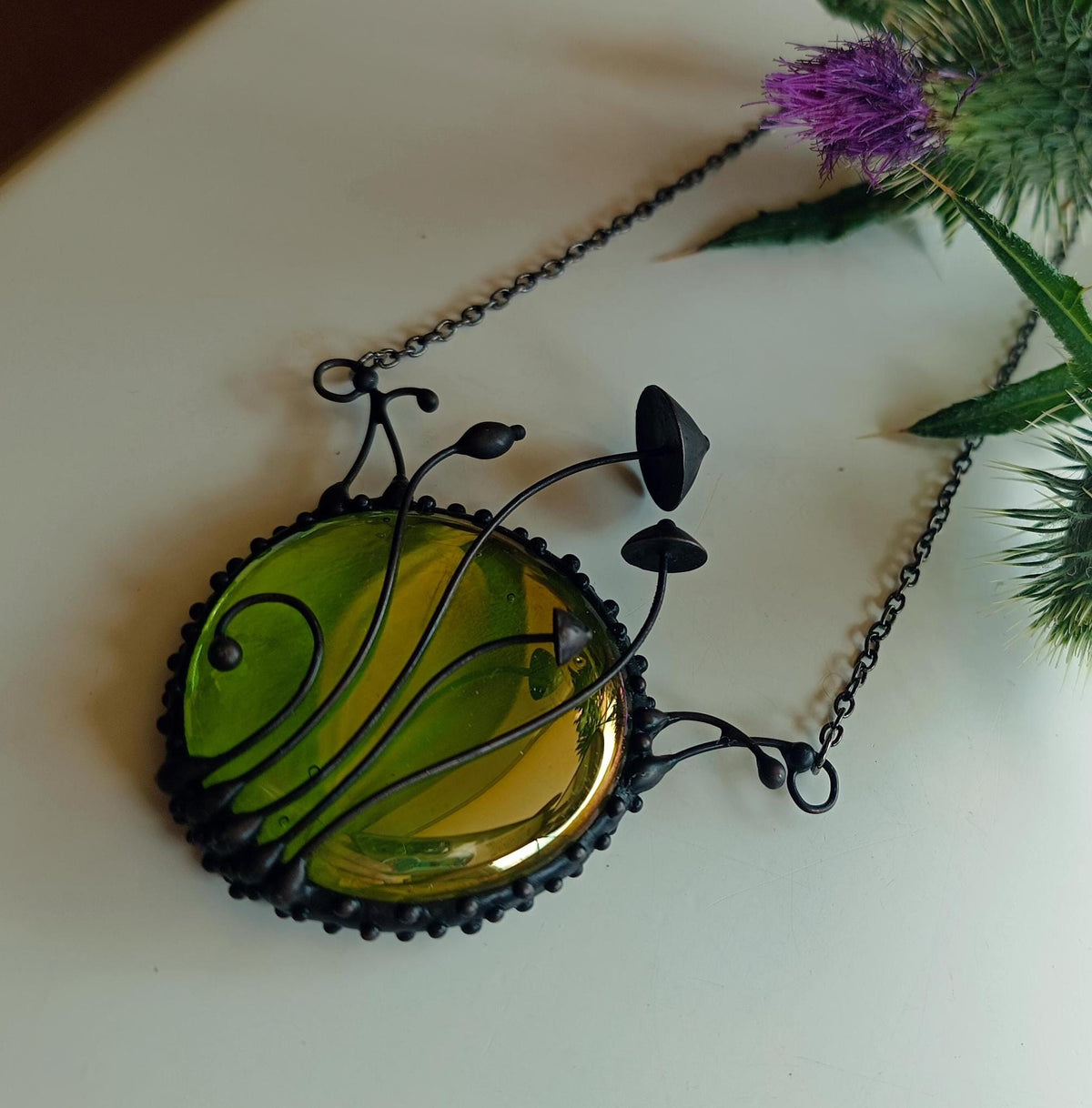 Green Stained Glass Mushroom Statement Necklace – Blackened Copper