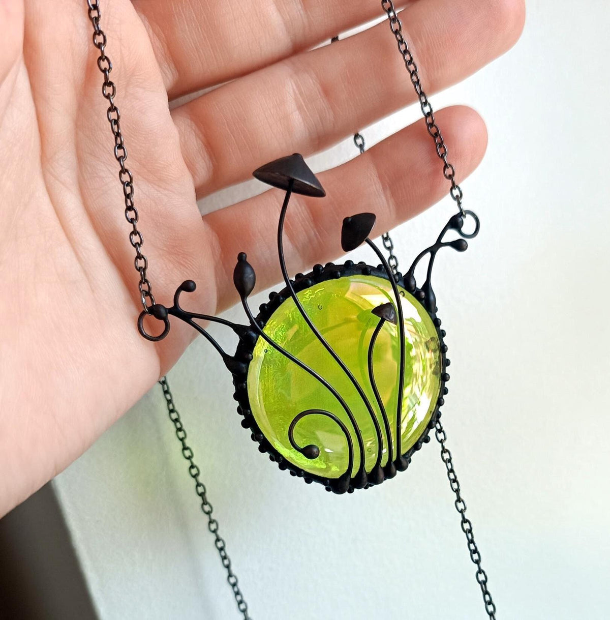 Green Stained Glass Mushroom Statement Necklace – Blackened Copper