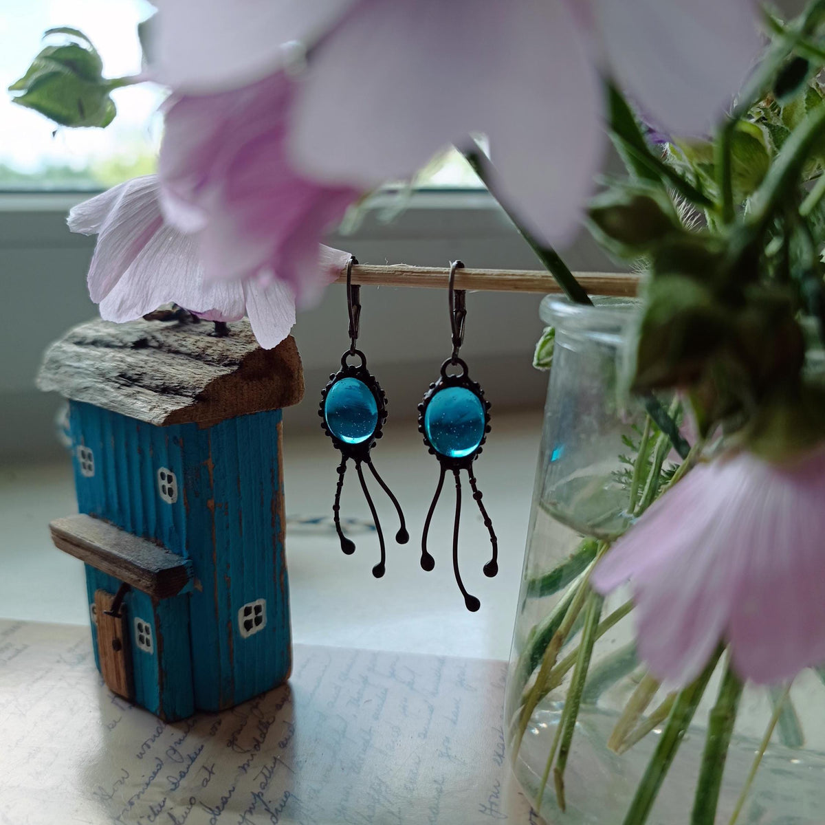 Blue Agate Jellyfish Earrings – Blackened Copper