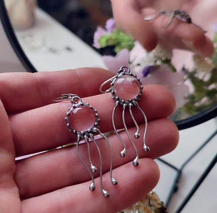 Watermelon Quartz Jellyfish Earrings – Silver Tone