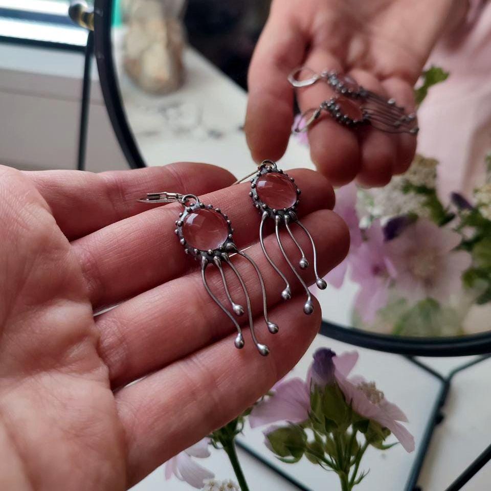 Watermelon Quartz Jellyfish Earrings – Silver Tone