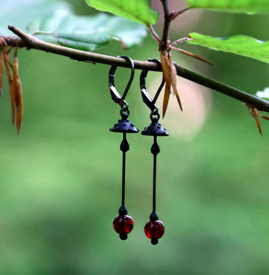 Red Glass Amanita Mushroom Earrings – Blackened Copper & Pewter Forest