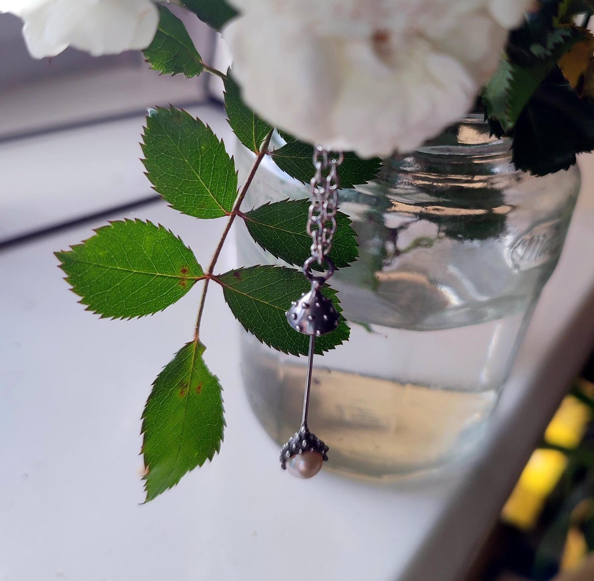 White Pearl Amanita Mushroom Necklace – Silver Tone