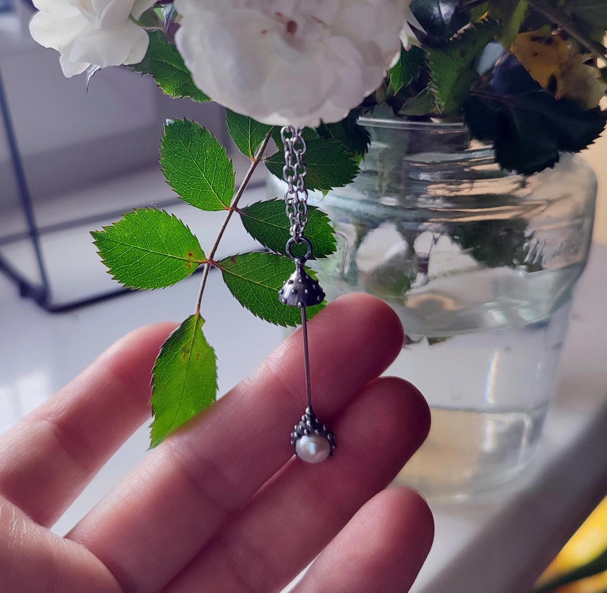 White Pearl Amanita Mushroom Necklace – Silver Tone