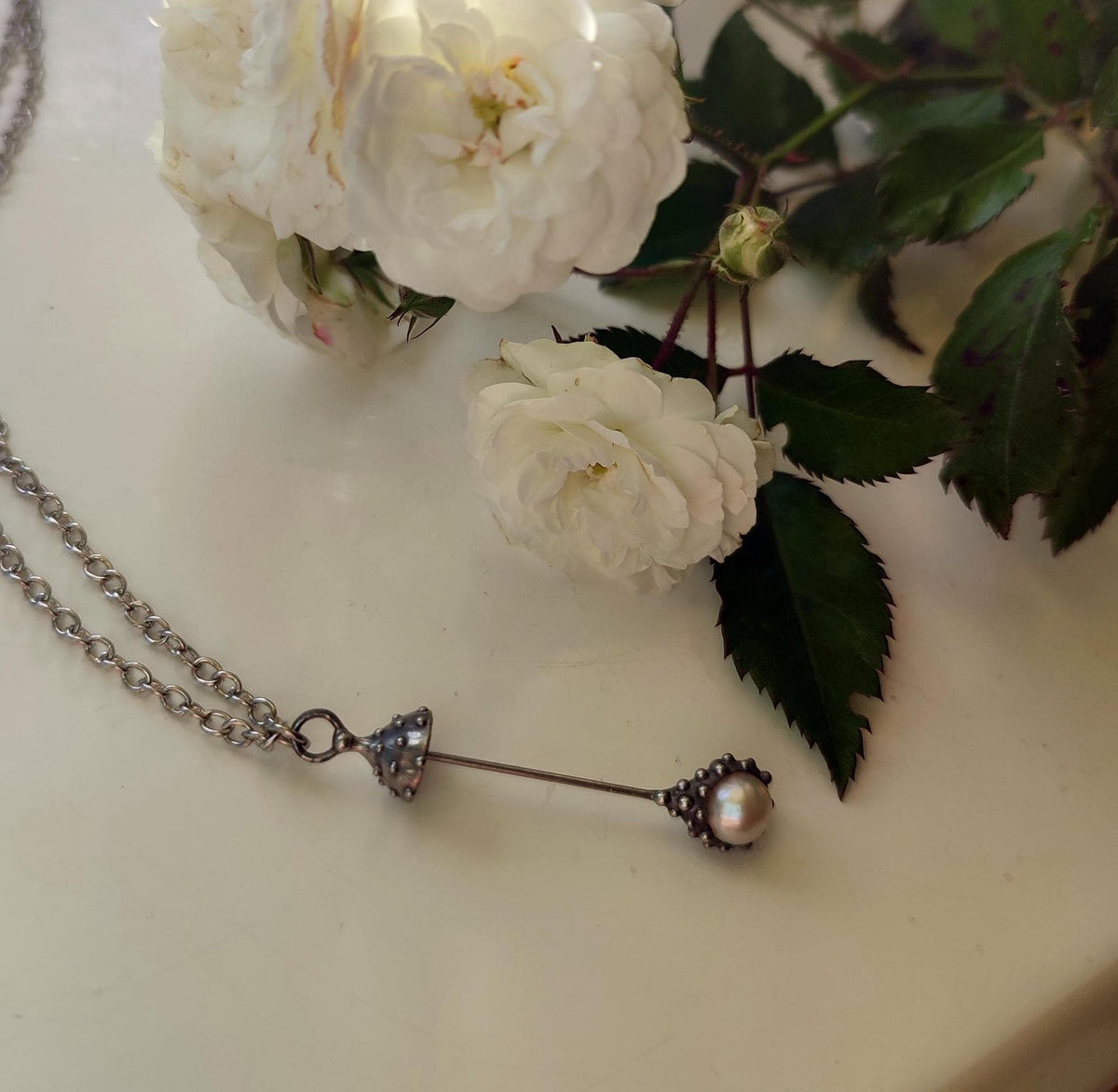 White Pearl Amanita Mushroom Necklace – Silver Tone