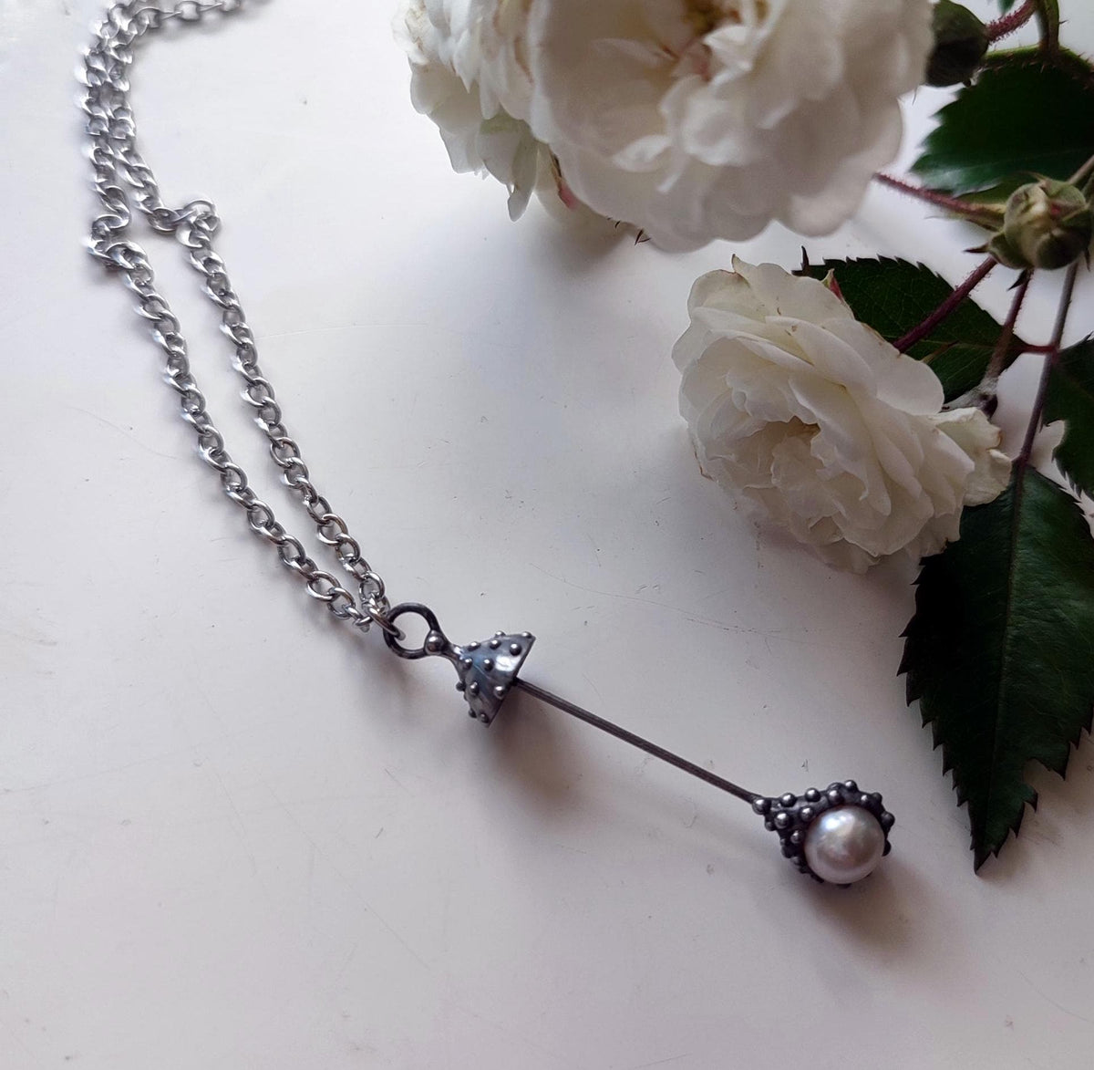 White Pearl Amanita Mushroom Necklace – Silver Tone